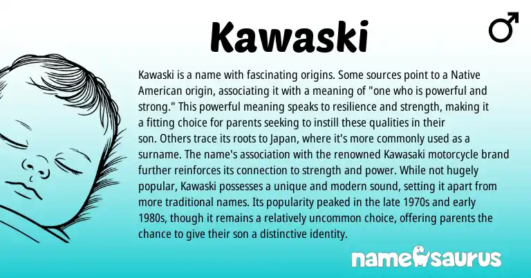 Infographic about Kawaski name meaning, Kawaski is a name from American, Japanese origin(s).