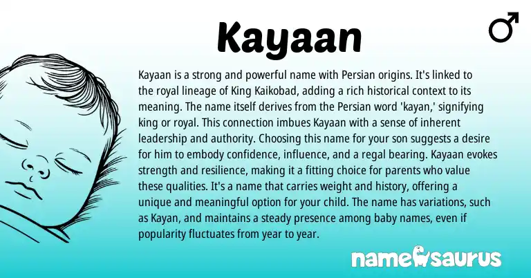 Infographic about Kayaan name meaning, Kayaan is a name from Indian, Persian origin(s).