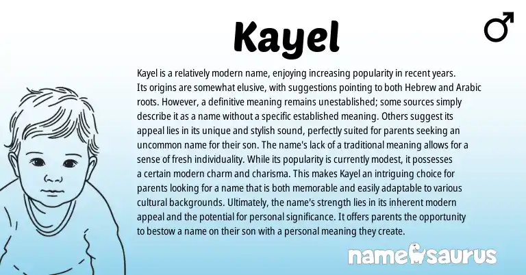 Infographic about Kayel name meaning, Kayel is a name from Hebrew, Arabic origin(s).