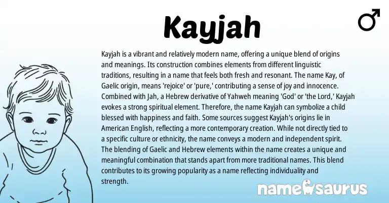 Infographic about Kayjah name meaning, Kayjah is a name from Gaelic, Hebrew origin(s).