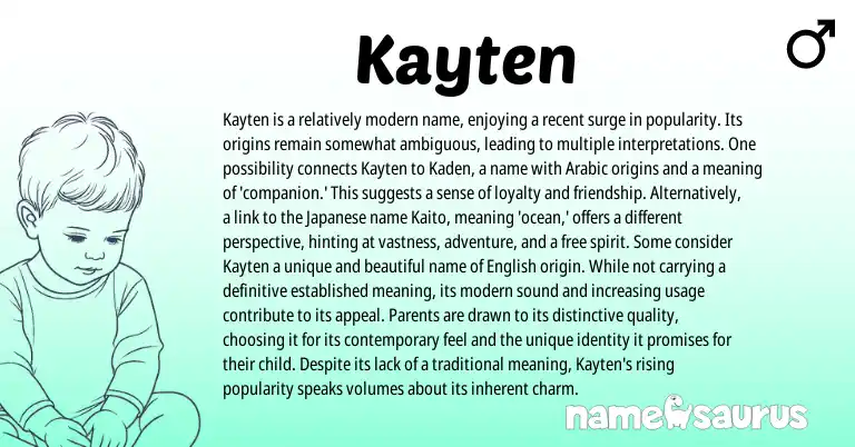 Infographic about Kayten name meaning, Kayten is a name from Japanese, Arabic, American origin(s).