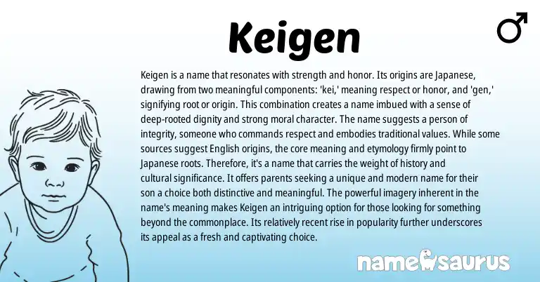 Infographic about Keigen name meaning, Keigen is a name from Japanese origin(s).