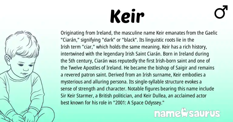 Infographic about Keir name meaning, Keir is a name from Irish, Ireland, British, Gaelic origin(s).