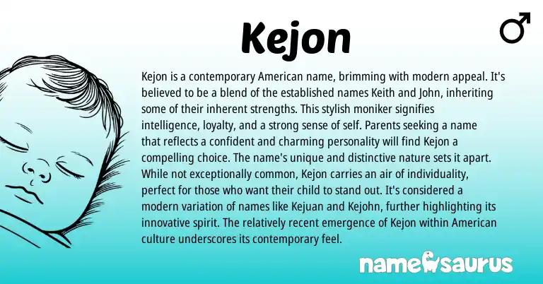 Infographic about Kejon name meaning, Kejon is a name from American origin(s).