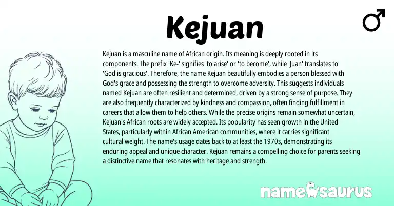 Infographic about Kejuan name meaning, Kejuan is a name from African, American origin(s).