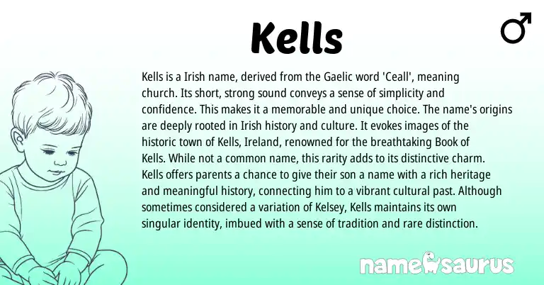 Infographic about Kells name meaning, Kells is a name from Gaelic, Irish origin(s).