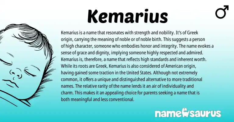 Infographic about Kemarius name meaning, Kemarius is a name from Greek origin(s).