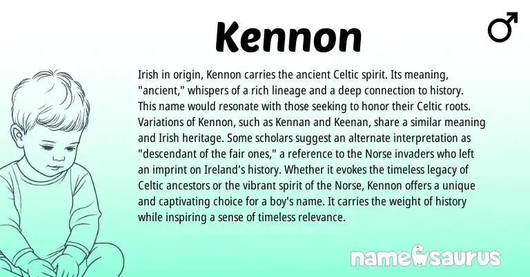 Infographic about Kennon name meaning, Kennon is a name from Irish, Ireland, Celtic, Norse origin(s).