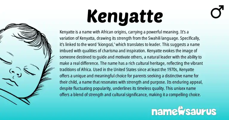 Infographic about Kenyatte name meaning, Kenyatte is a name from African, Swahili origin(s).