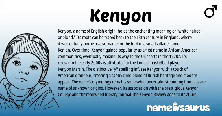 Infographic about Kenyon name meaning, Kenyon is a name from British, English, England, African, American origin(s).