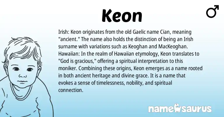 Infographic about Keon name meaning, Keon is a name from Irish, Gaelic, Hawaiian origin(s).