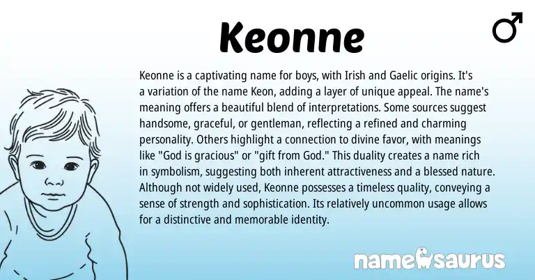 Infographic about Keonne name meaning, Keonne is a name from Gaelic, Irish origin(s).