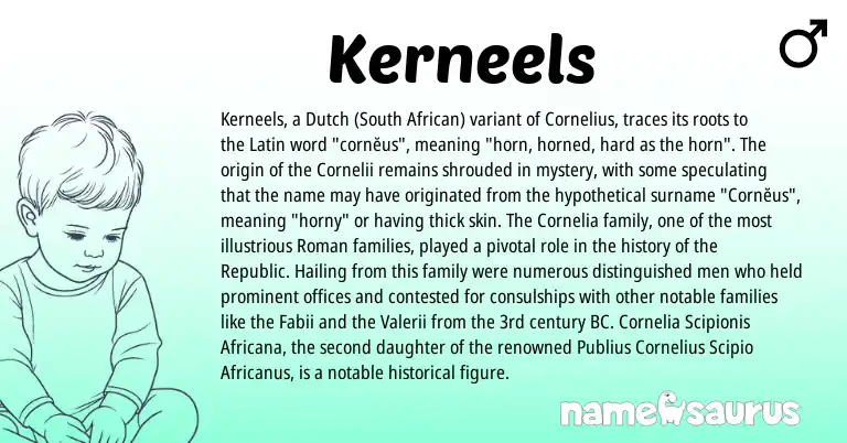 Infographic about Kerneels name meaning, Kerneels is a name from Roman, Dutch, Latin, South African origin(s).