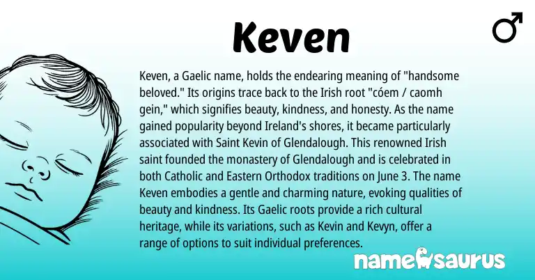 Infographic about Keven name meaning, Keven is a name from Irish, Gaelic, Ireland origin(s).