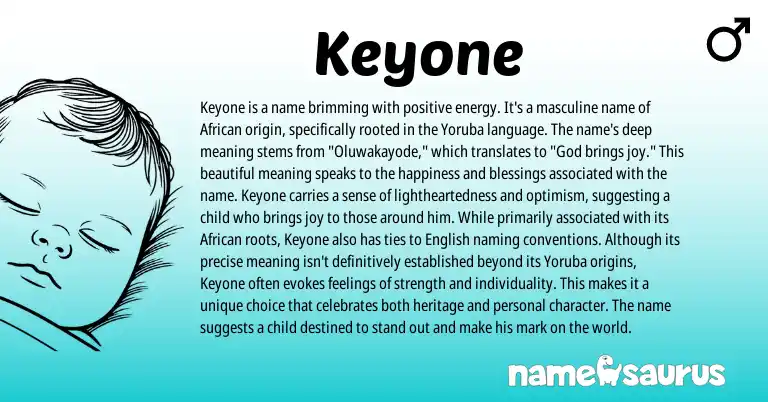 Infographic about Keyone name meaning, Keyone is a name from Yoruba, African, English origin(s).