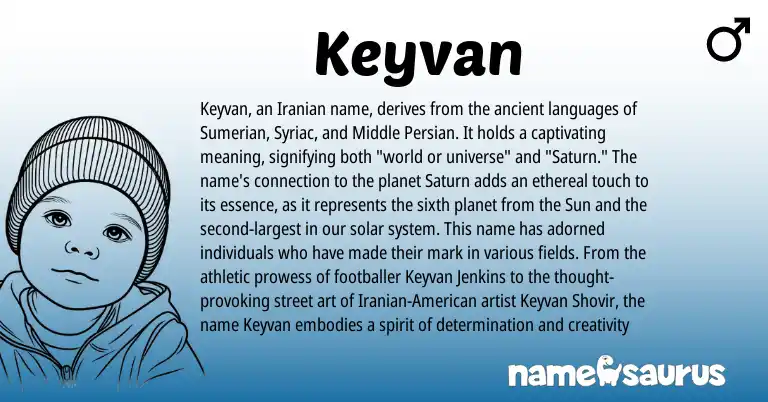 Infographic about Keyvan name meaning, Keyvan is a name from Iranian, Sumerian, American, Middle Persian origin(s).