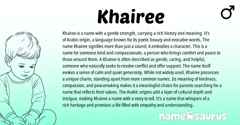 Infographic about Khairee name meaning, Khairee is a name from Arabic origin(s).