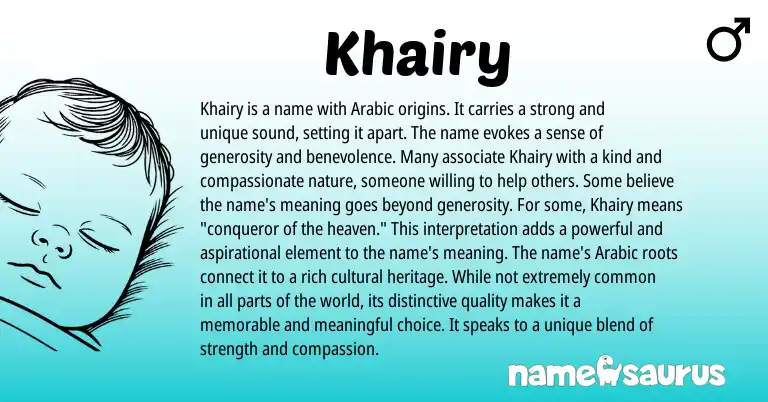 Infographic about Khairy name meaning, Khairy is a name from Indian, Arabic origin(s).