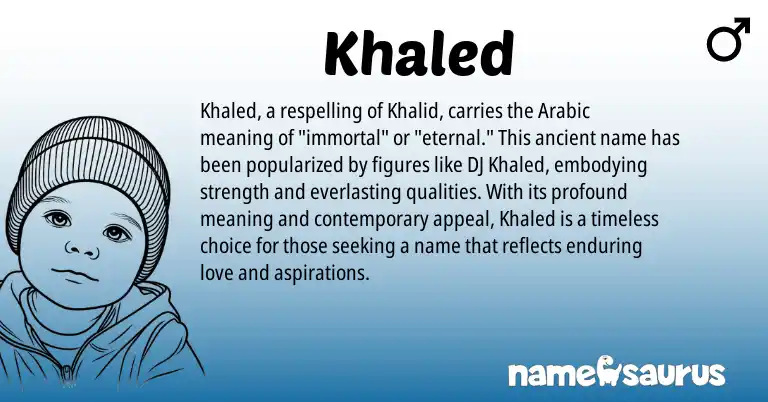 Infographic about Khaled name meaning, Khaled is a name from Arabic origin(s).