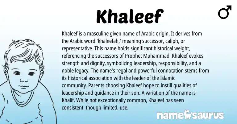 Infographic about Khaleef name meaning, Khaleef is a name from Arabic origin(s).