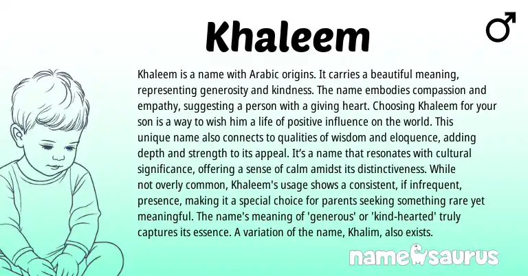 Infographic about Khaleem name meaning, Khaleem is a name from Arabic origin(s).