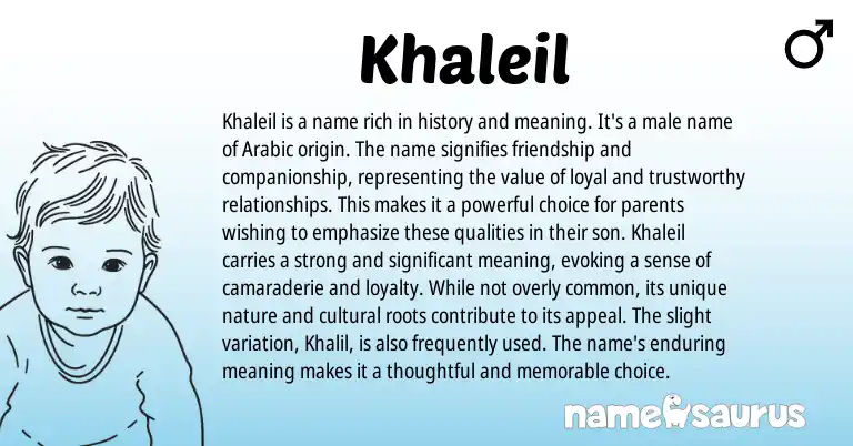 Infographic about Khaleil name meaning, Khaleil is a name from Arabic origin(s).