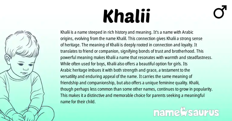 Infographic about Khalii name meaning, Khalii is a name from Arabic origin(s).