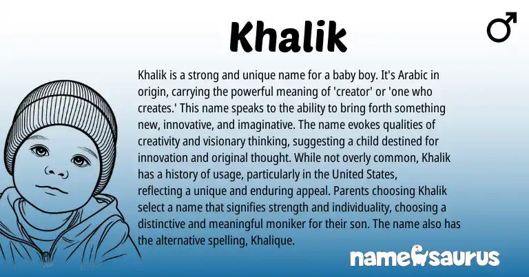Infographic about Khalik name meaning, Khalik is a name from Arabic origin(s).
