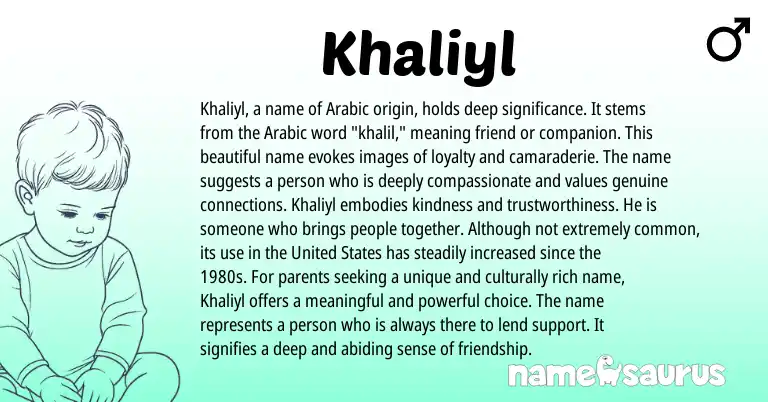 Infographic about Khaliyl name meaning, Khaliyl is a name from Arabic origin(s).