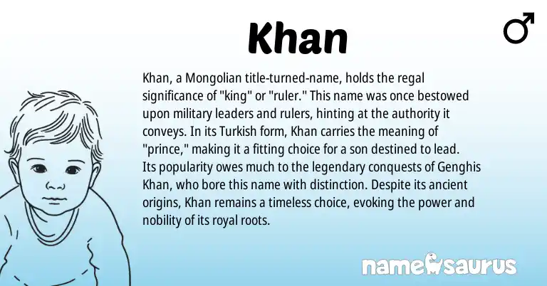 Infographic about Khan name meaning, Khan is a name from Mongolian, Turkish origin(s).