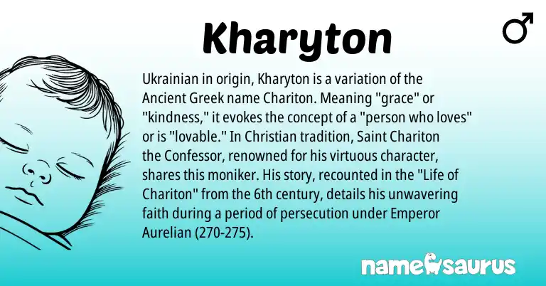 Infographic about Kharyton name meaning, Kharyton is a name from Ukrainian, Ancient Greek origin(s).