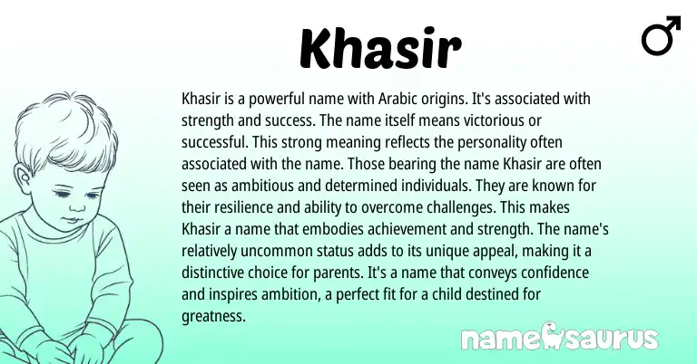 Infographic about Khasir name meaning, Khasir is a name from Arabic origin(s).