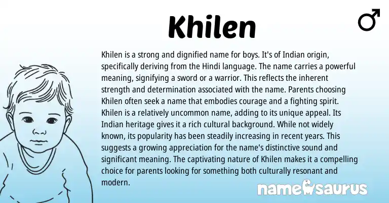 Infographic about Khilen name meaning, Khilen is a name from Indian origin(s).
