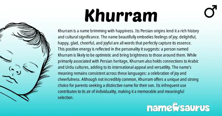 Infographic about Khurram name meaning, Khurram is a name from Indian, Persian origin(s).