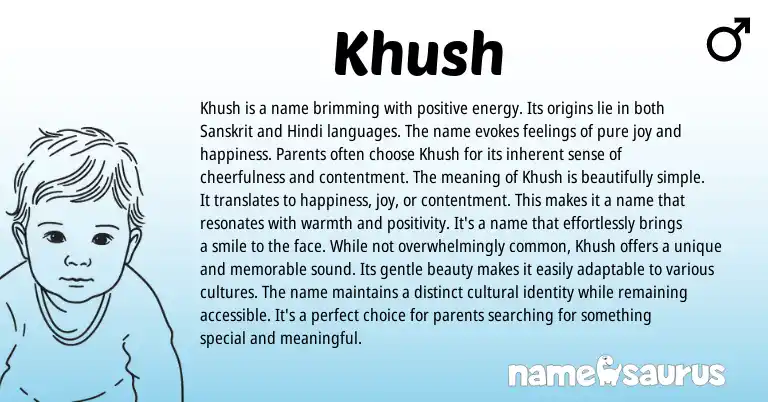 Infographic about Khush name meaning, Khush is a name from Indian, Hindi, Sanskrit origin(s).