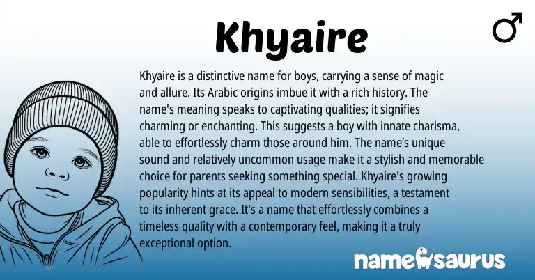 Infographic about Khyaire name meaning, Khyaire is a name from English, Arabic origin(s).