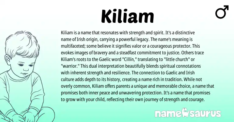 Infographic about Kiliam name meaning, Kiliam is a name from Irish origin(s).
