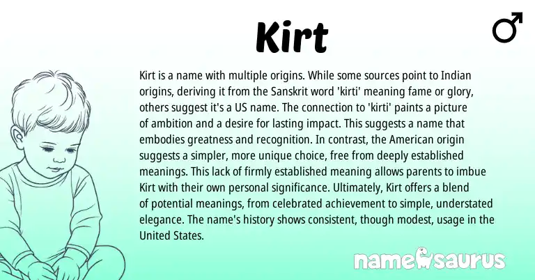 Infographic about Kirt name meaning, Kirt is a name from English, Indian, Sanskrit origin(s).