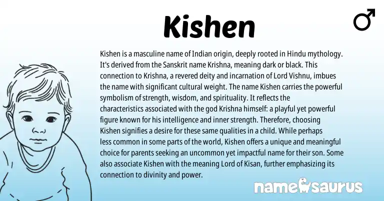 Infographic about Kishen name meaning, Kishen is a name from Indian, Sanskrit, Hindu, Hindi origin(s).