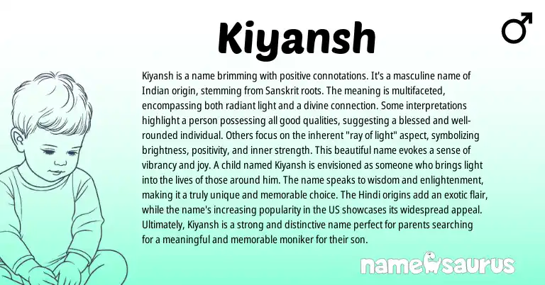 Infographic about Kiyansh name meaning, Kiyansh is a name from Indian, Sanskrit origin(s).