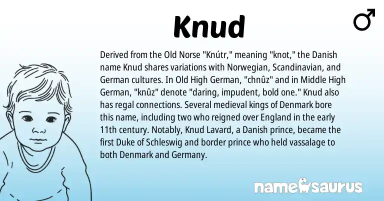Infographic about Knud name meaning, Knud is a name from Old Norse, Danish, Old High German, Scandinavian, England, Norwegian, German origin(s).