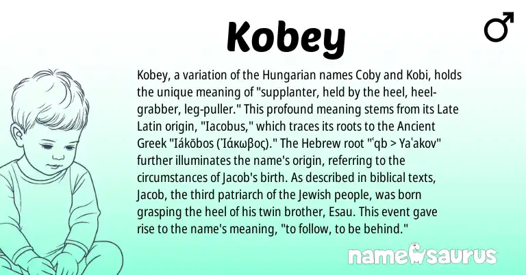 Infographic about Kobey name meaning, Kobey is a name from Ancient Greek, Late Latin, Hungarian, Jewish, Hebrew origin(s).