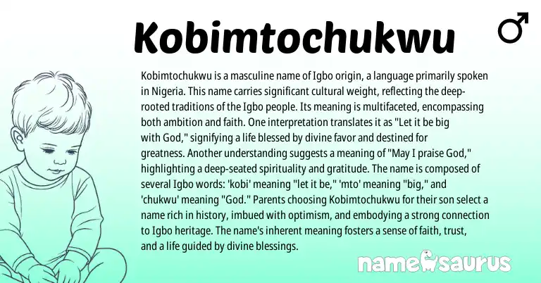 Infographic about Kobimtochukwu name meaning, Kobimtochukwu is a name from Igbo origin(s).