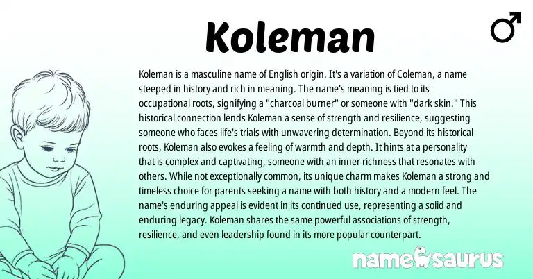 Infographic about Koleman name meaning, Koleman is a name from English, Irish origin(s).