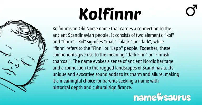 Infographic about Kolfinnr name meaning, Kolfinnr is a name from Old Norse, Finnish, Nordic, Scandinavian origin(s).