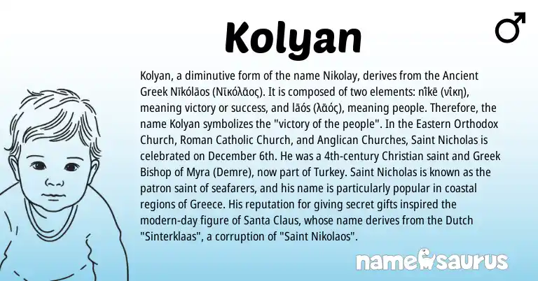 Infographic about Kolyan name meaning, Kolyan is a name from Ancient Greek, Greece, Roman, Greek, Dutch origin(s).
