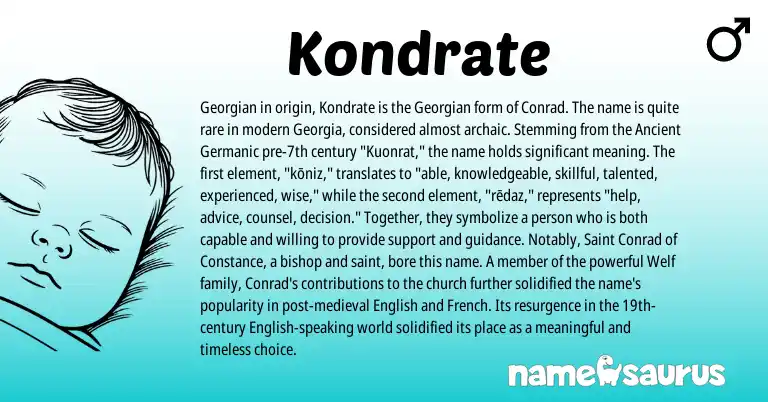 Infographic about Kondrate name meaning, Kondrate is a name from French, English, Georgian, Ancient Germanic origin(s).