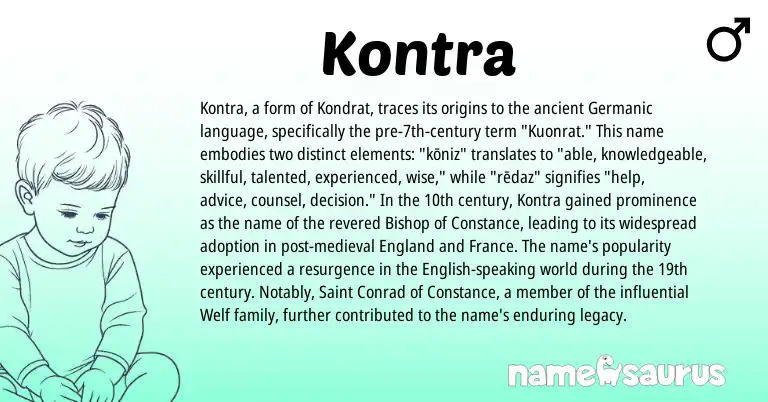 Infographic about Kontra name meaning, Kontra is a name from English, Germanic, England origin(s).