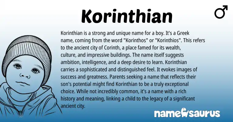 Infographic about Korinthian name meaning, Korinthian is a name from Greek origin(s).