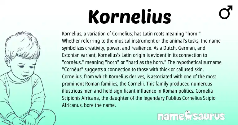 Infographic about Kornelius name meaning, Kornelius is a name from Roman, Latin, German, Dutch, Estonian origin(s).